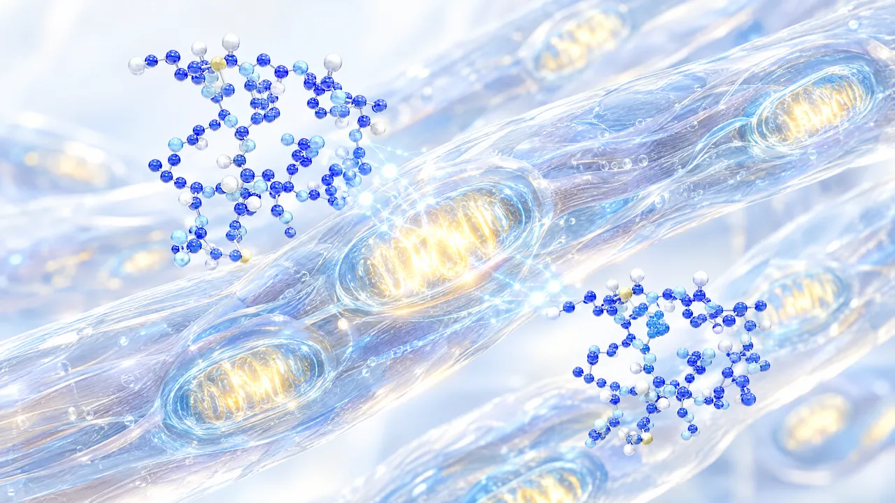 Translucent muscle fibres with glowing yellow mitochondria, next to two blue 3D peptide chains