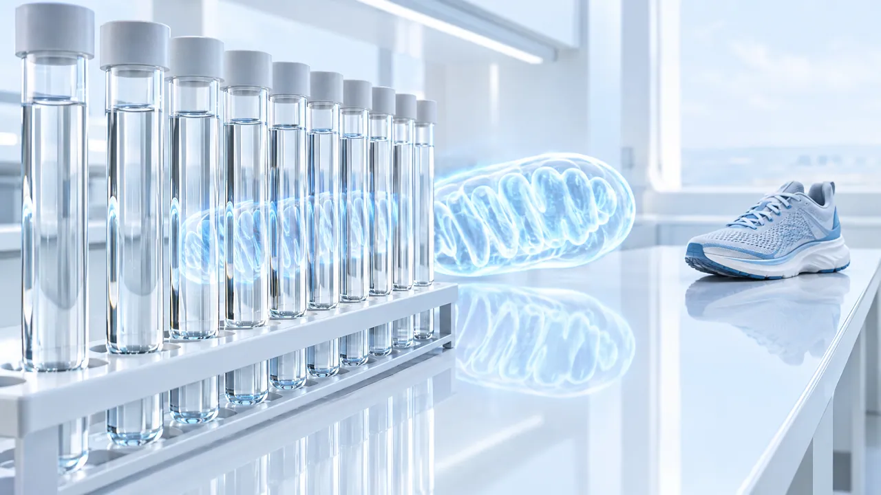 Row of test tubes in front of a glowing mitochondrion model, next to a running shoe on a bright lab bench