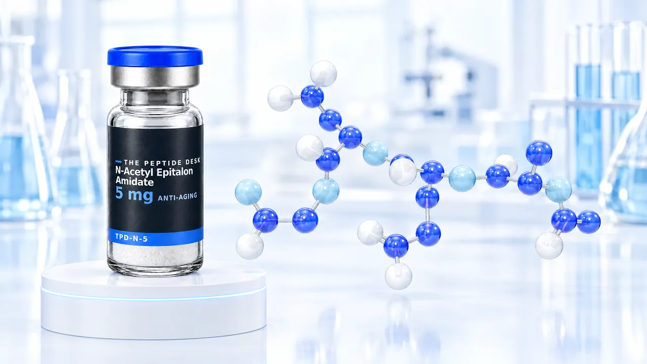 Vial with white powder, a blue cap and a black TPD label for N-Acetyl Epitalon Amidate on a white podium, next to it a chain of blue and white glass spheres as a molecule model in a bright lab