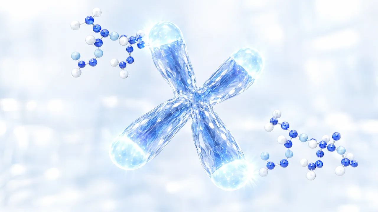 Blue glass chromosome with brightly glowing ends, two molecule chains of blue and white glass spheres beside it