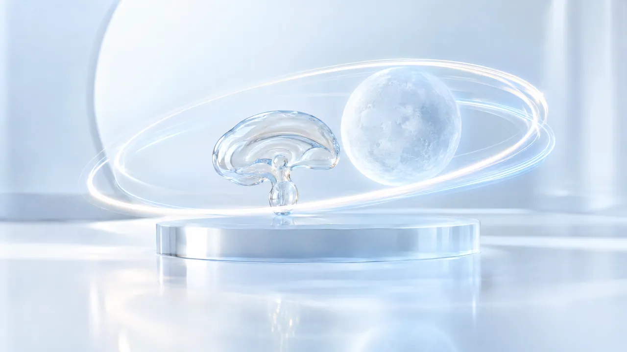 Glass pineal gland and a frosted glass moon on a glass plate, circled by light trails