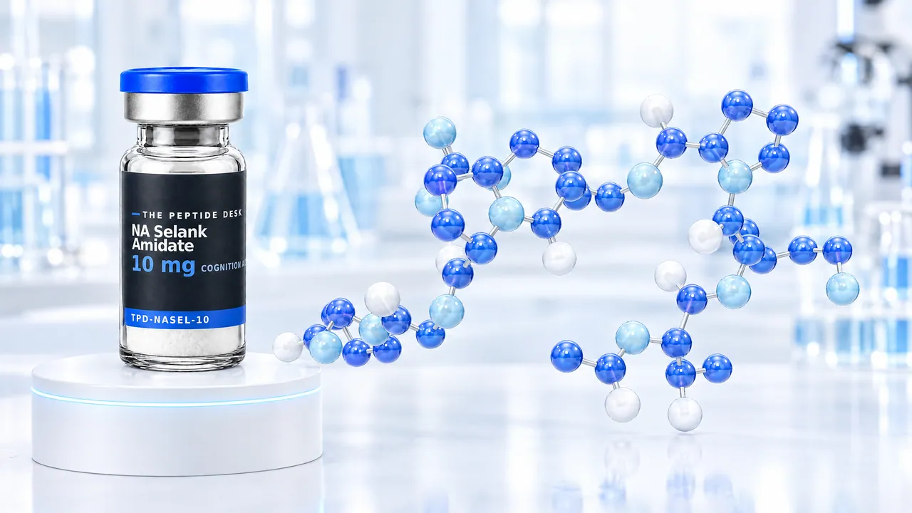 Vial with white powder and a black TPD label reading “NA Selank Amidate” on a white podium with a glowing blue rim, next to a large blue and white 3D molecule model in a bright lab