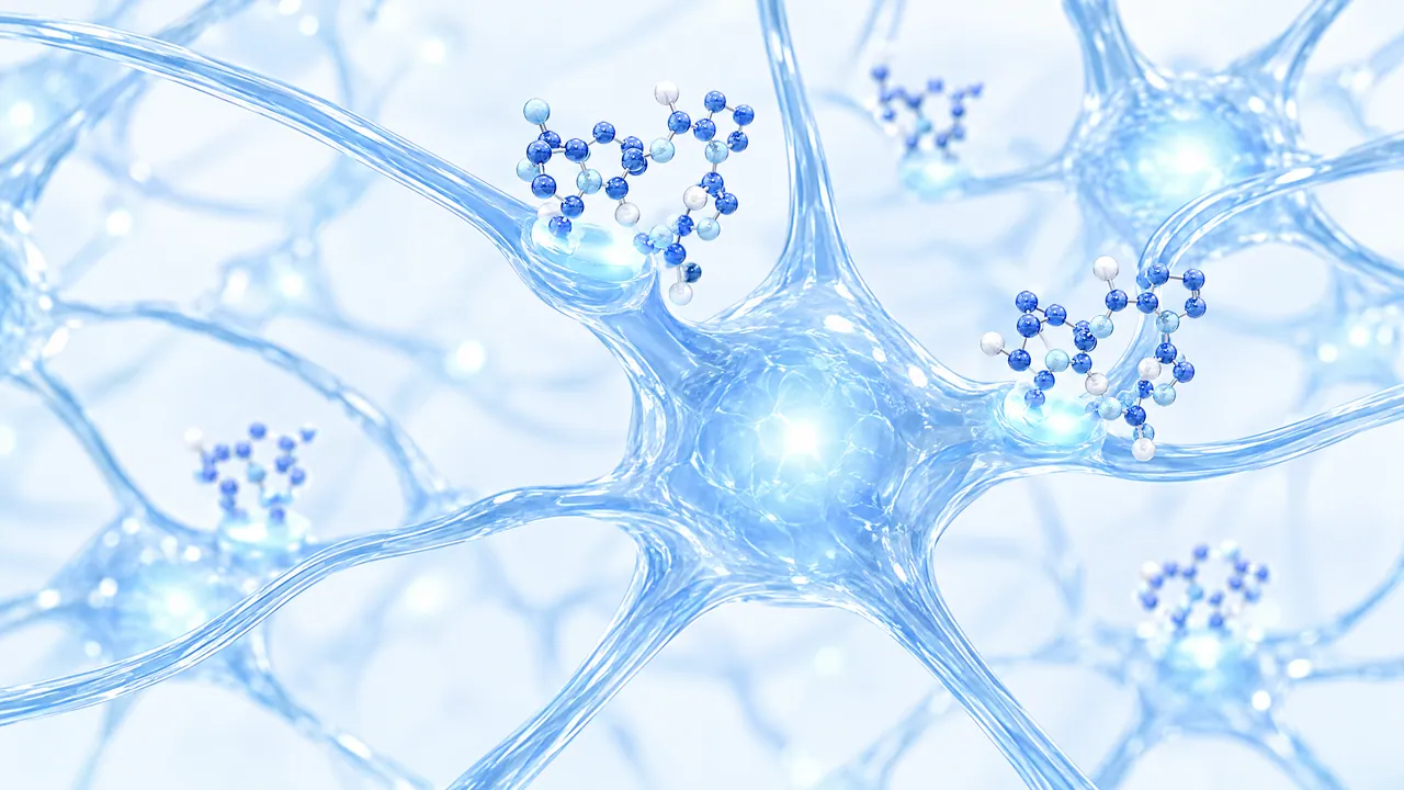 Network of glass nerve cells glowing light blue, with small blue and white molecule chains docking at their branches