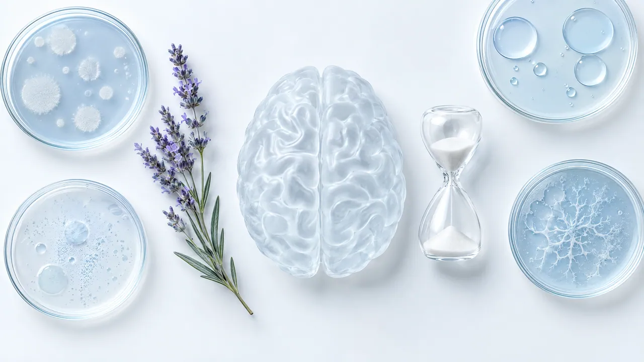 From above: a glass brain model between four petri dishes, a sprig of lavender and a small hourglass on a white background