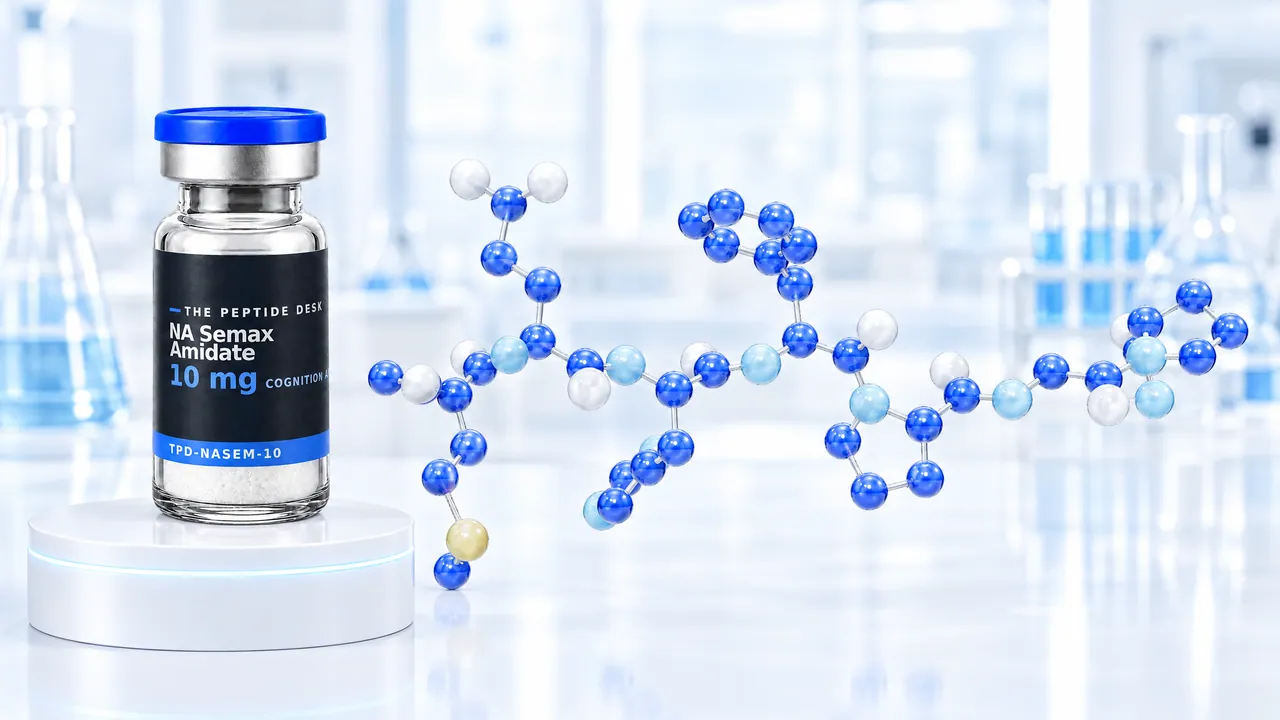 Vial with white powder and a black TPD label reading “NA Semax Amidate” on a white podium with a glowing blue rim, next to a long blue and white 3D molecule model in a bright lab