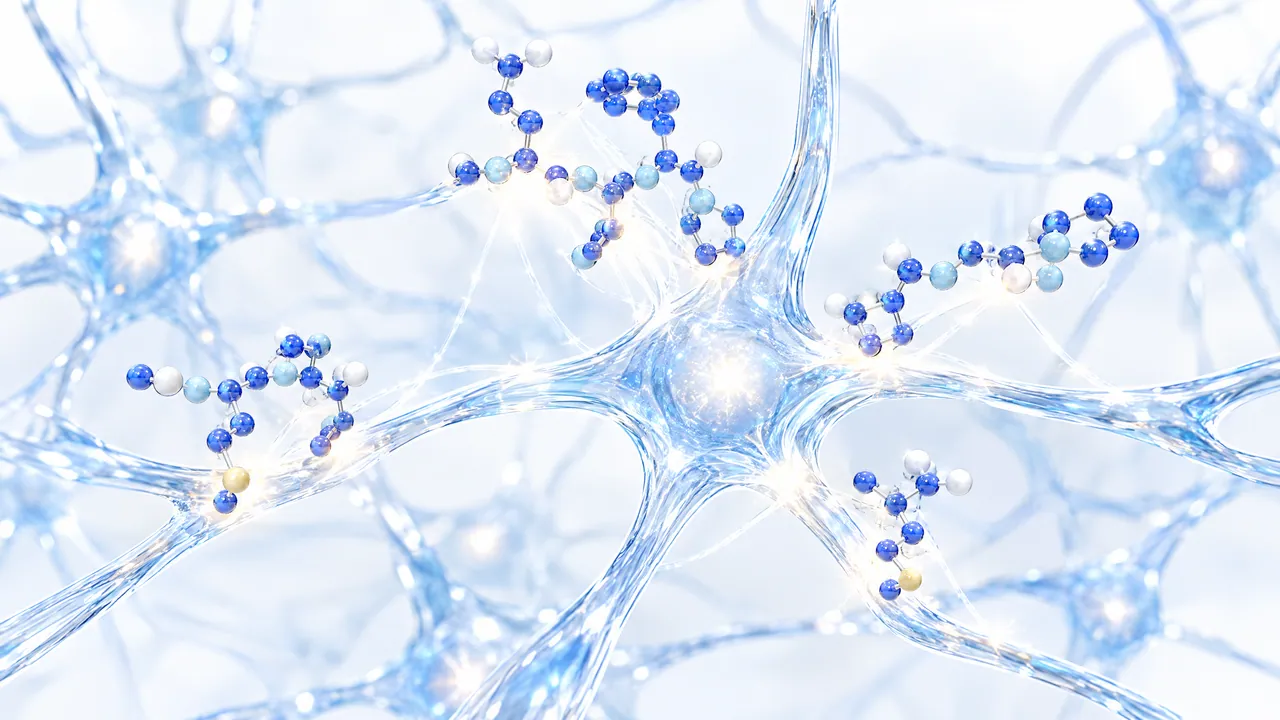 Network of glass nerve cells glowing light blue, with blue and white molecule chains docking at the branches and setting off small sparks of light