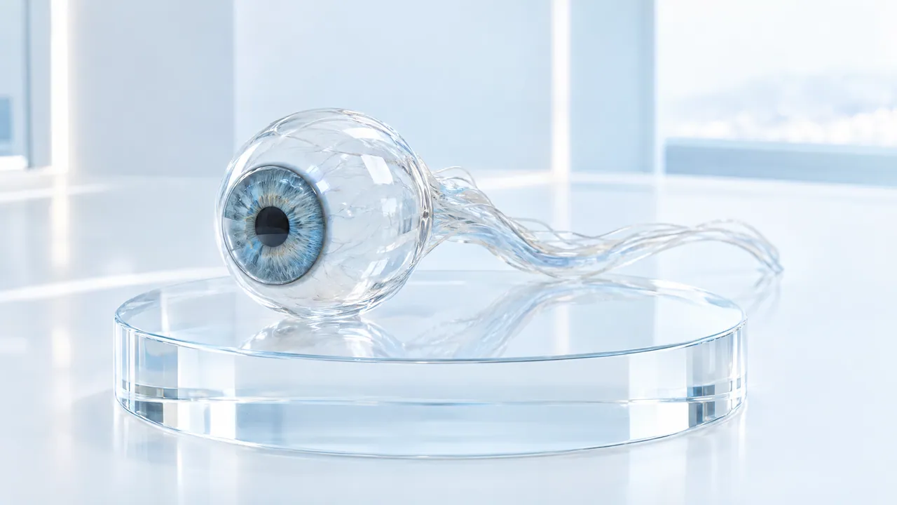 Glass eye with the optic nerve trailing behind it on a round glass disc in a bright room