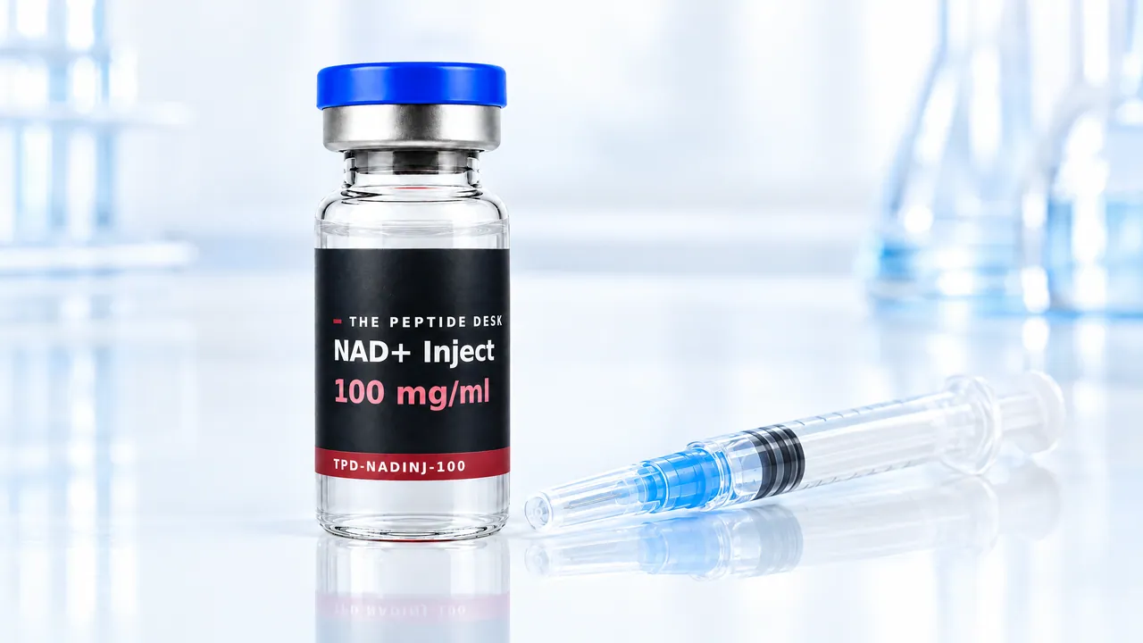 Glass vial with clear solution and a black TPD label, next to it a disposable syringe with a blue needle cap on a bright lab bench