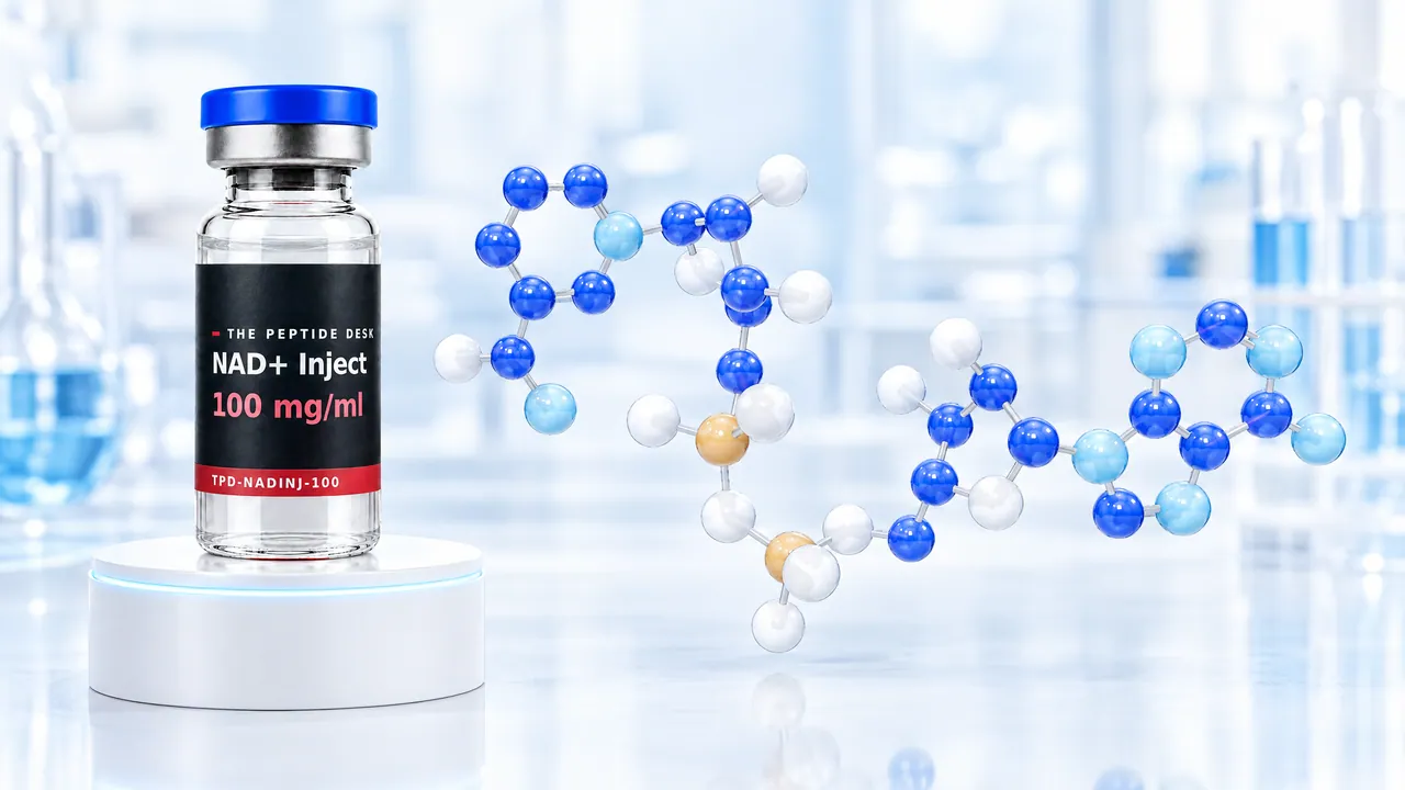 Glass vial with clear solution and a black TPD label on a white podium, next to it a glossy 3D molecule of blue, white and golden spheres in a bright lab, symbolic image for NAD+