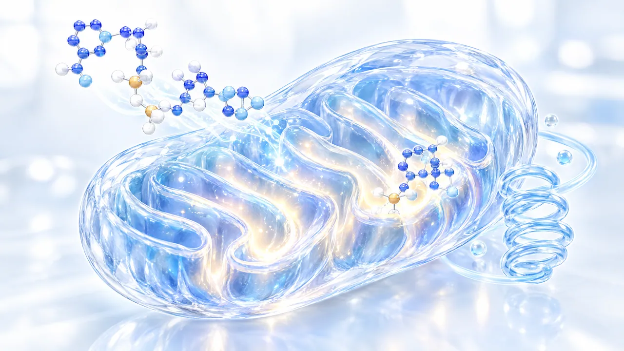 Large translucent glowing mitochondrion with winding inner folds, 3D molecules of blue, white and golden spheres floating next to it