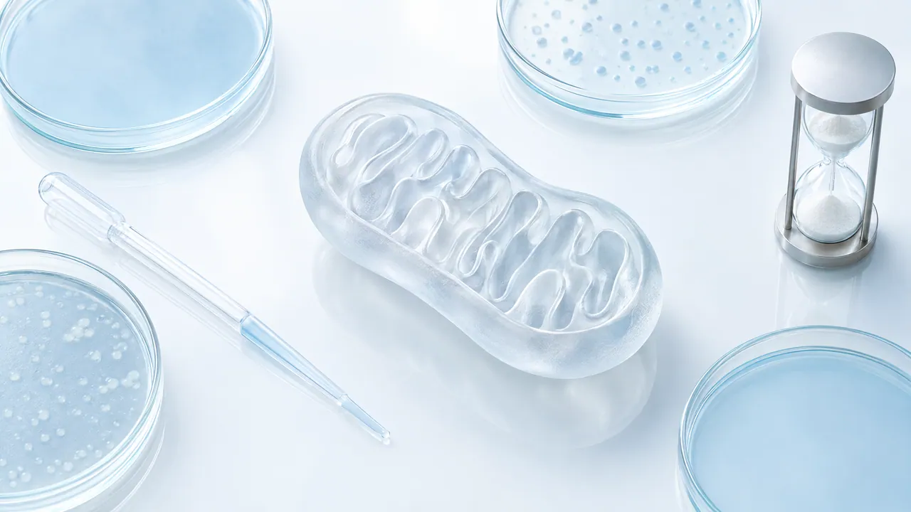 Glass model of a mitochondrion on a white background, surrounded by petri dishes, a pipette and a small hourglass