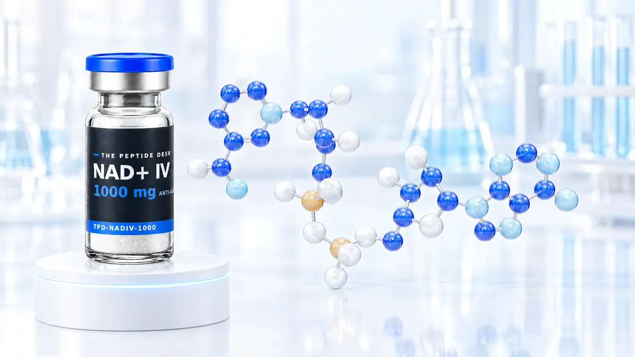Vial with white powder and a black TPD label reading “NAD+ IV” on a white podium with a glowing blue rim, next to a 3D molecule of blue, white and golden spheres in a bright lab