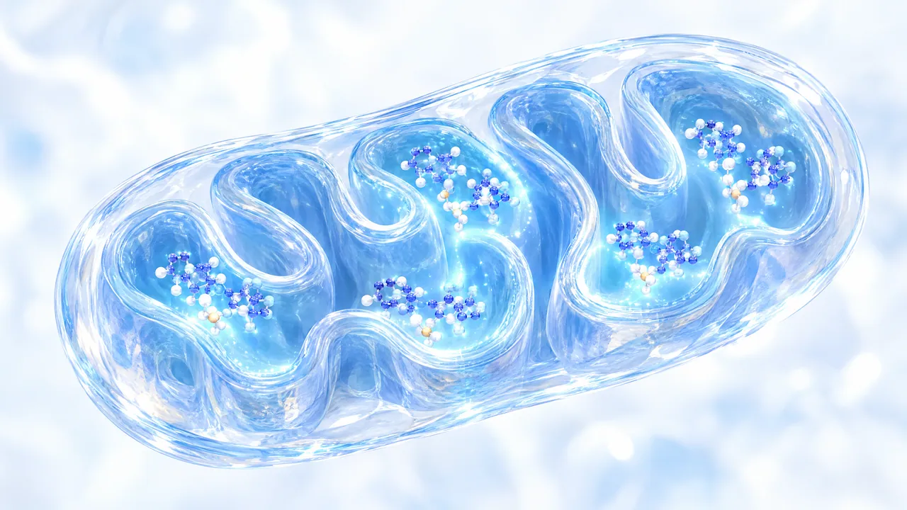 Large translucent glass mitochondrion with winding inner folds, small blue and white molecules floating in them