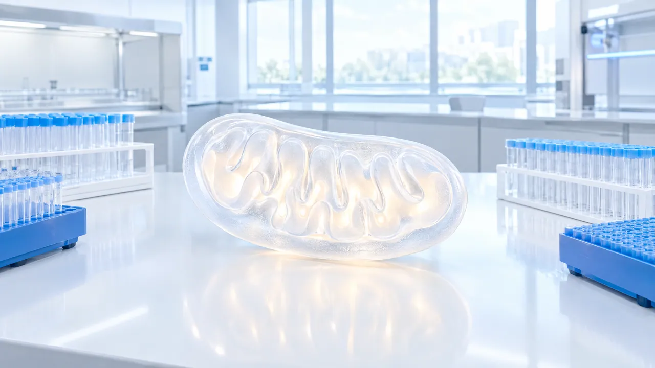 Large frosted glass model of a mitochondrion glowing warmly from within on a white lab bench between racks of sample tubes