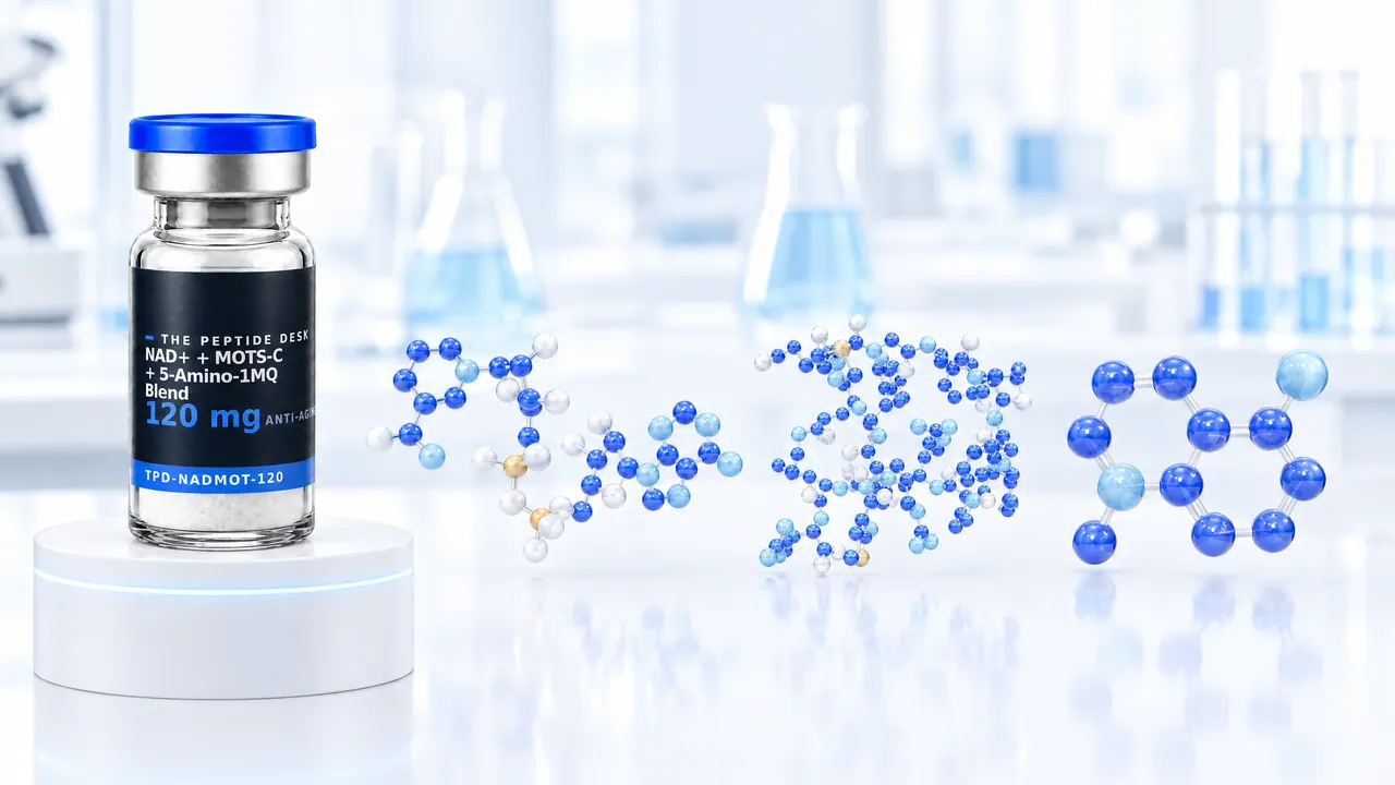 Vial with white powder, a blue cap and a black TPD label for the blend of NAD+, MOTS-c and 5-Amino-1MQ on a white podium, next to it three different molecule models of blue glass spheres in a bright lab