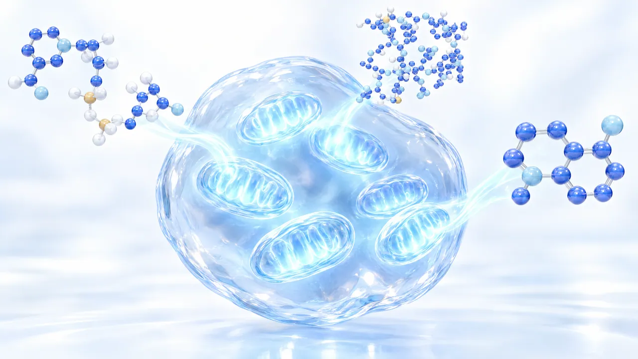 Translucent glass cell with several glowing mitochondria, three different blue molecules sending streams of light into it from outside