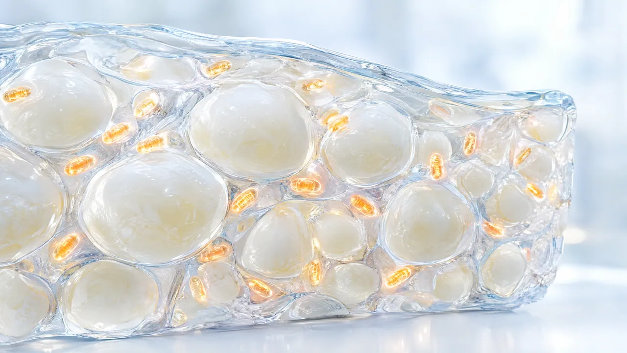 Cross-section of glass fat tissue with large pale fat cells and small glowing orange mitochondria between them