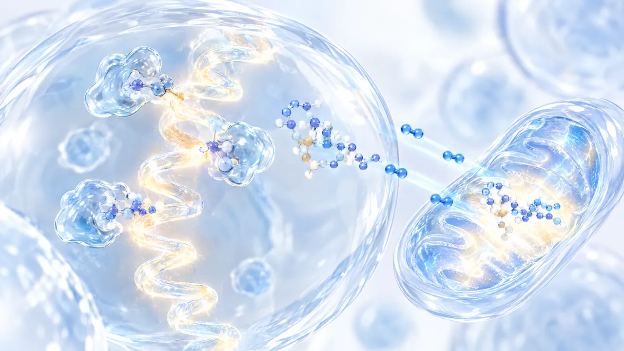 Glass cell with a glowing golden DNA strand on which small glass enzymes are working, next to it a glass mitochondrion into which blue and white molecules flow