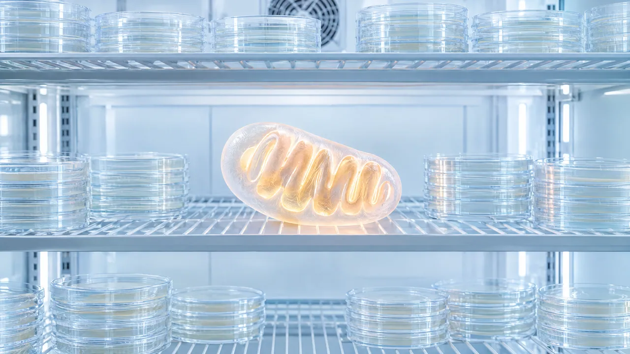 Warmly glowing glass mitochondrion on the middle shelf of a cold room between stacks of petri dishes