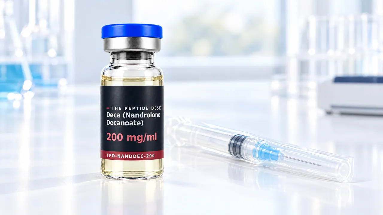Glass vial with pale yellow oil and a black TPD label, next to it a disposable syringe with a blue needle cap on a white lab bench