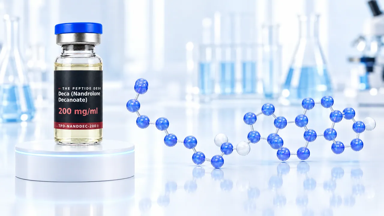 Glass vial with pale yellow oil and a black TPD label on a white podium, next to it a glossy blue 3D steroid molecule with a long ester chain in a bright lab, symbolic image for nandrolone decanoate
