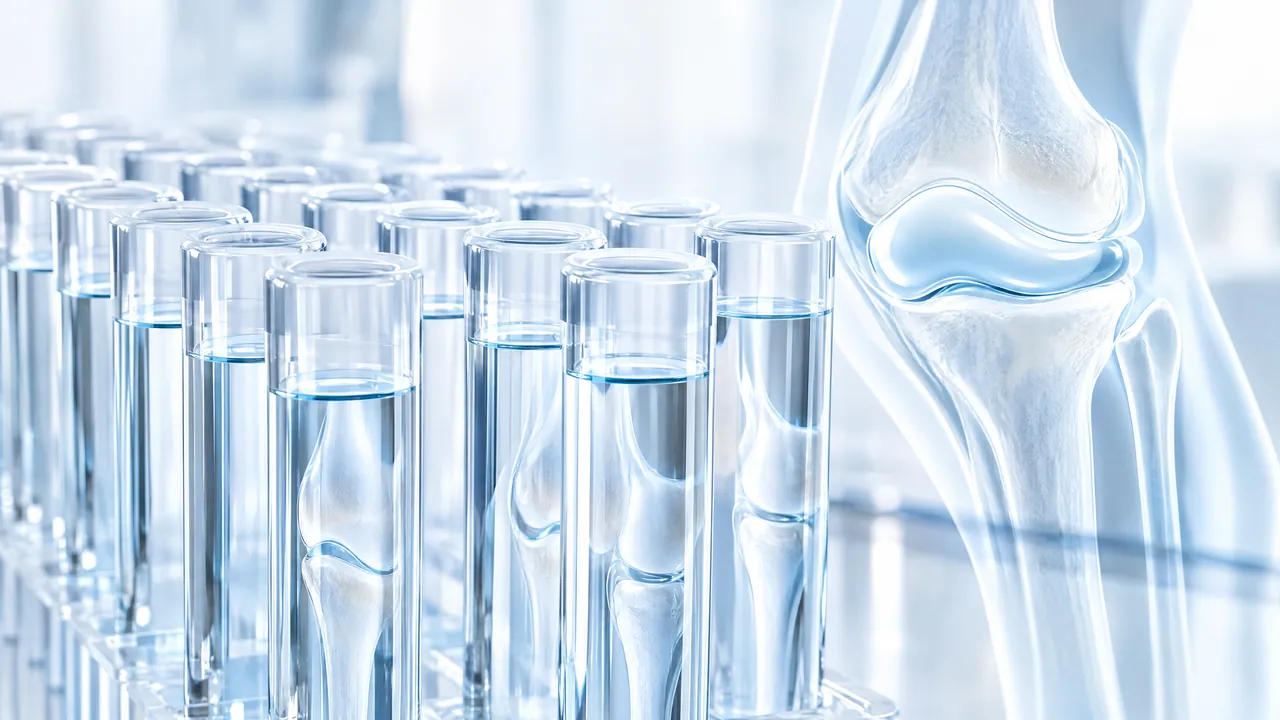 Row of test tubes with clear liquid, a transparent model of a knee joint on the right in a bright lab