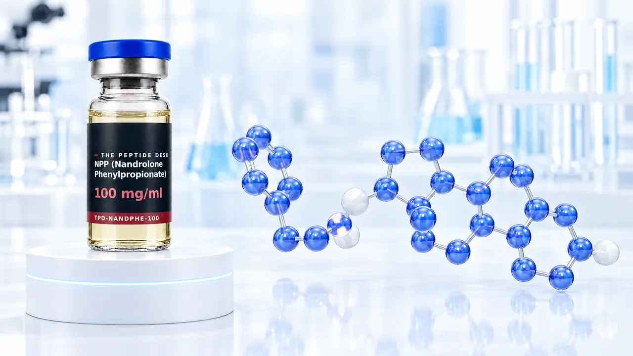 Glass vial with pale yellow oil and a black TPD label on a white podium, next to it a glossy blue 3D steroid molecule in a bright lab, symbolic image for nandrolone phenylpropionate