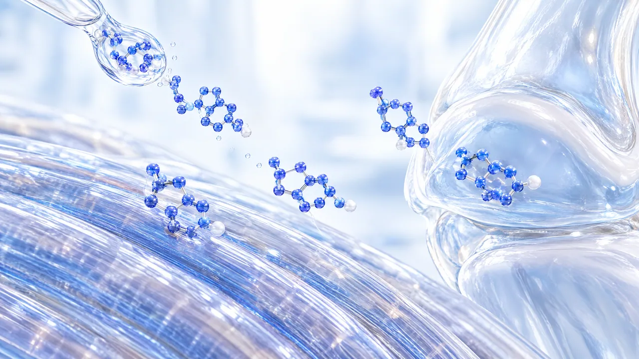 Glossy blue 3D molecules drip from a glass pipette and dock onto binding sites between light blue fibres and a transparent joint