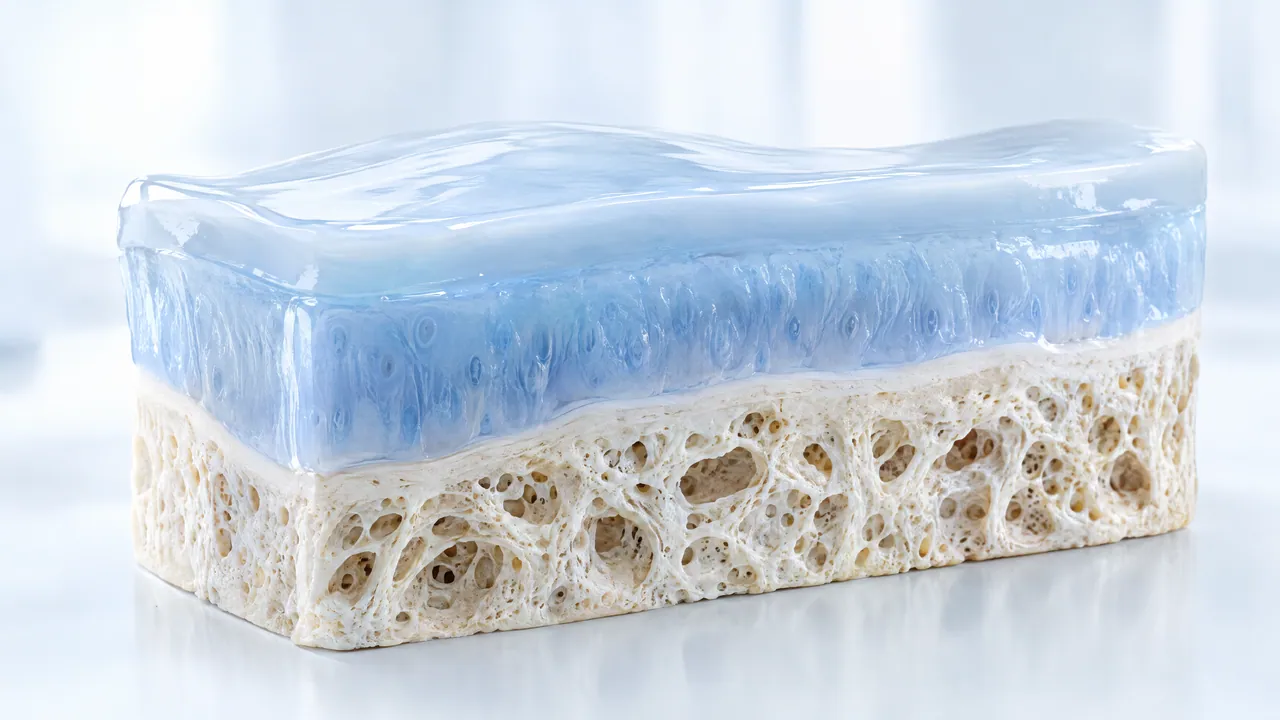 Transparent block model of tissue: a light blue cartilage layer on top, porous bone underneath, on a white background