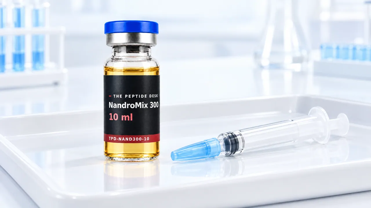 Glass vial with oil and a black TPD label, next to it a disposable syringe on a white lab bench