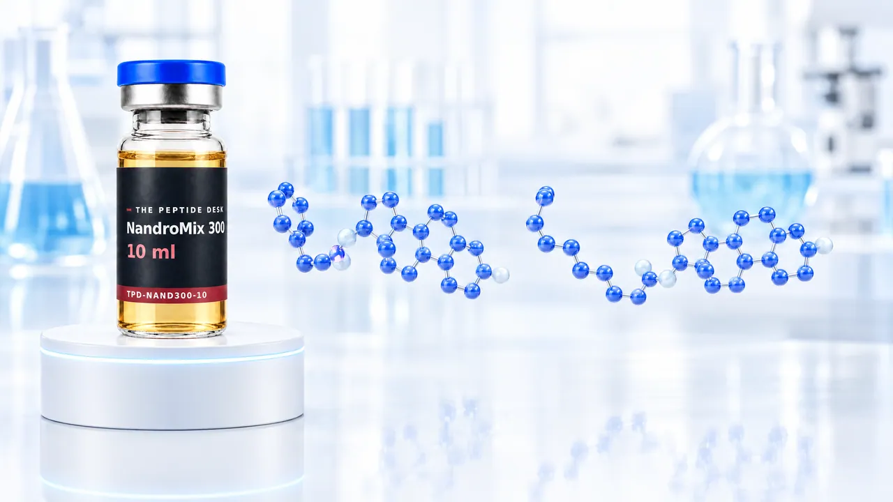 Glass vial with oil and a black TPD label next to a glossy blue 3D steroid molecule in a bright lab, symbolic image for NandroMix 300