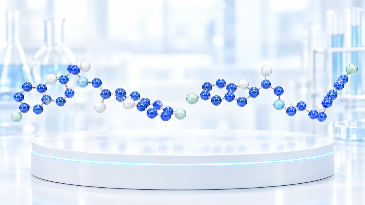 Long stretched molecule of blue glass spheres with two ring systems above a white podium with a glowing light blue edge in a bright lab