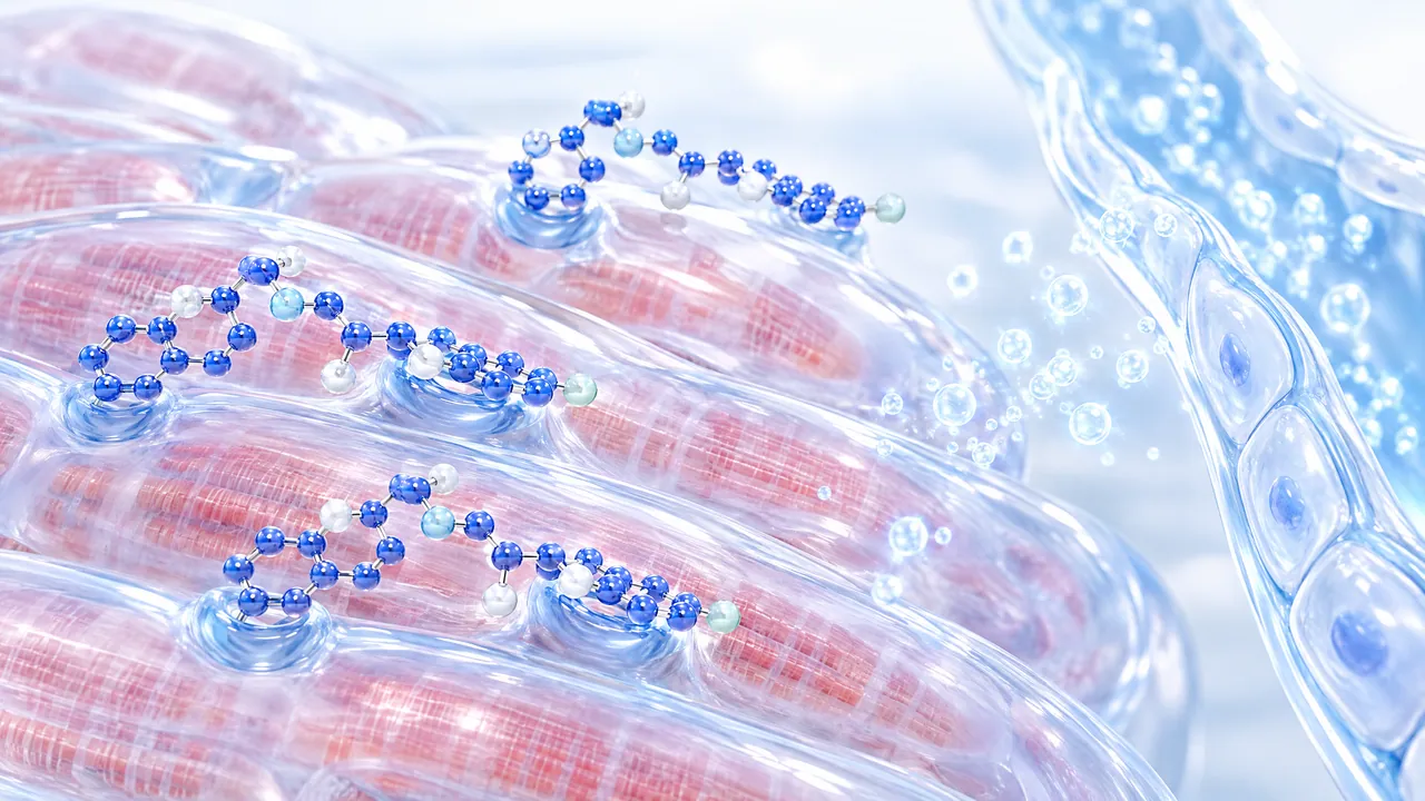 Glass heart muscle cells with reddish fibres and blue molecules at their receptors, on the right a glass vessel wall releasing small bubbles of light