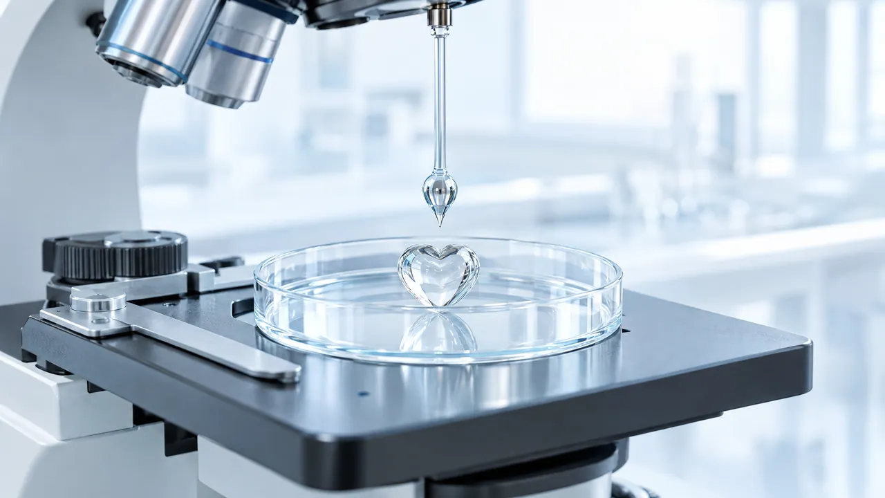 Microscope stage with a petri dish holding a small glass heart, a glass pendulum hanging above it
