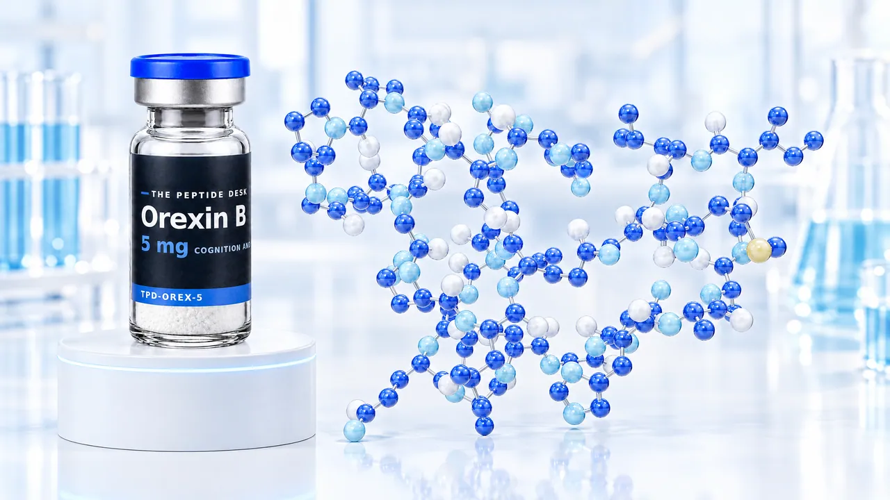 Vial with white powder and a black TPD label reading “Orexin B” on a white podium with a glowing blue rim, next to a large branched blue and white 3D molecule model in a bright lab