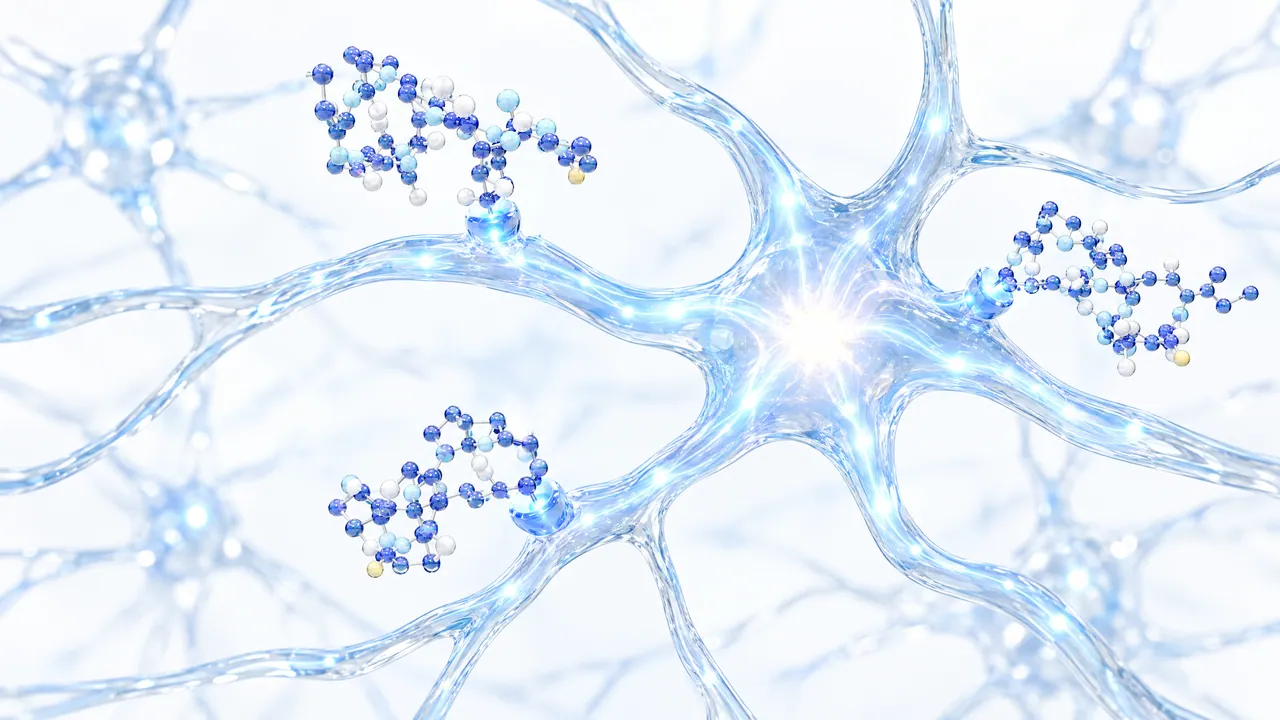 Glass nerve cell glowing light blue with a bright centre, with three blue and white molecule chains docking at its branches
