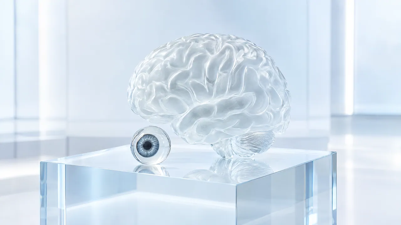 Frosted glass brain model with a small glass eye in front of it on a clear glass pedestal in a bright room