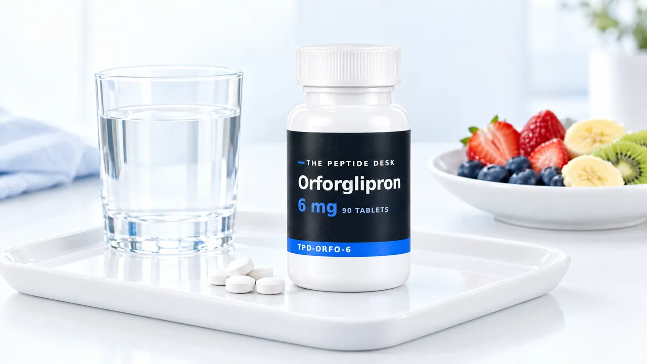 A glass of water, a white tablet bottle with a black TPD label for Orforglipron and a few white tablets on a white tray, a bowl of fruit beside them