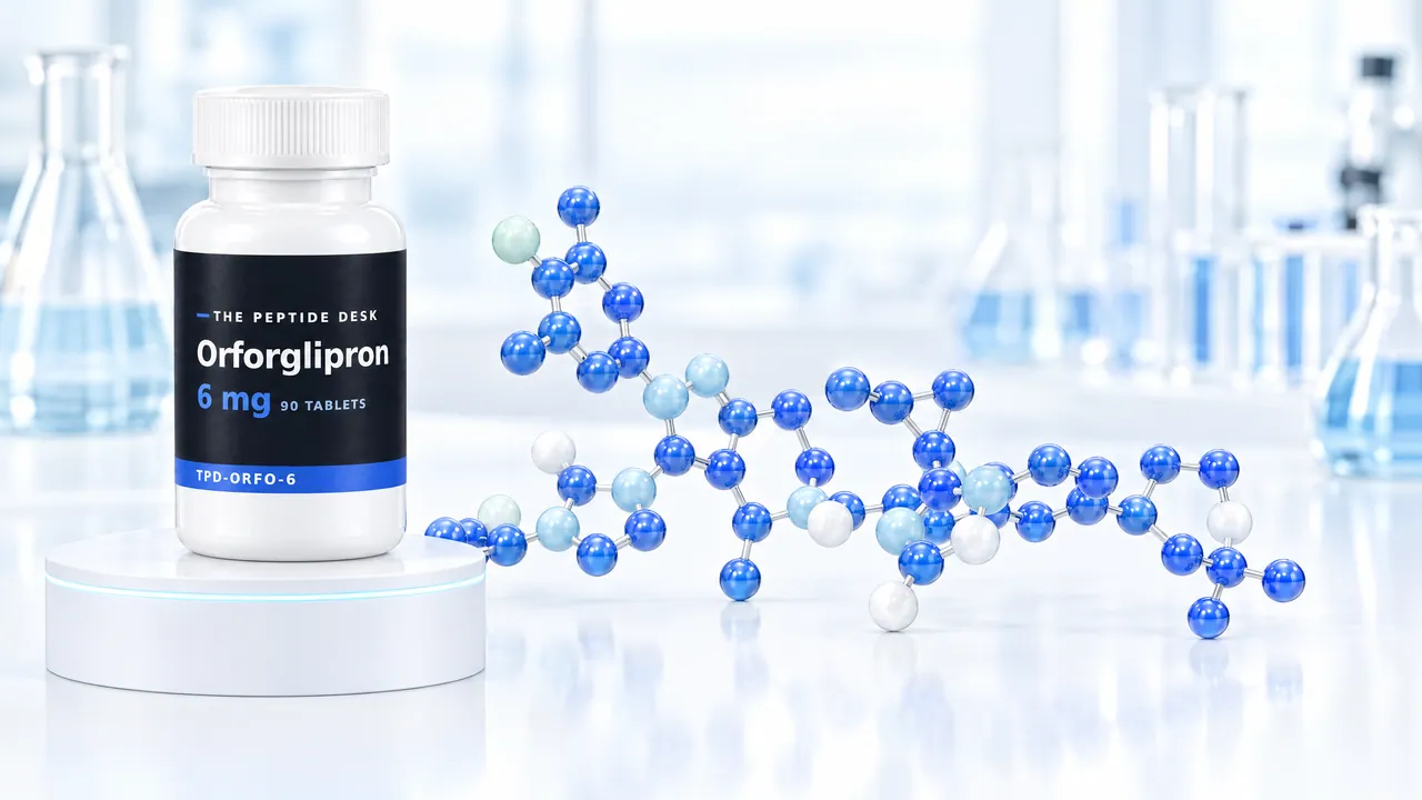 White tablet bottle with a black TPD label for Orforglipron on a white podium, next to it a large, branched molecule model of blue and white glass spheres in a bright lab
