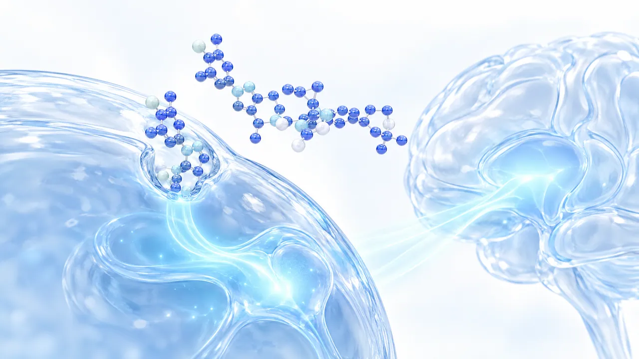 Glass cell membrane with a receptor hollow where a blue molecule docks, a stream of light leading to a glass brain