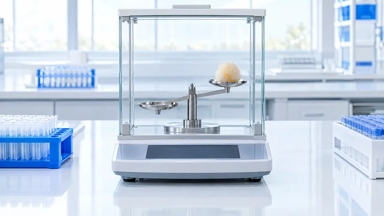 Analytical balance in a glass enclosure with a small sample of fat tissue on one pan, racks of sample tubes beside it