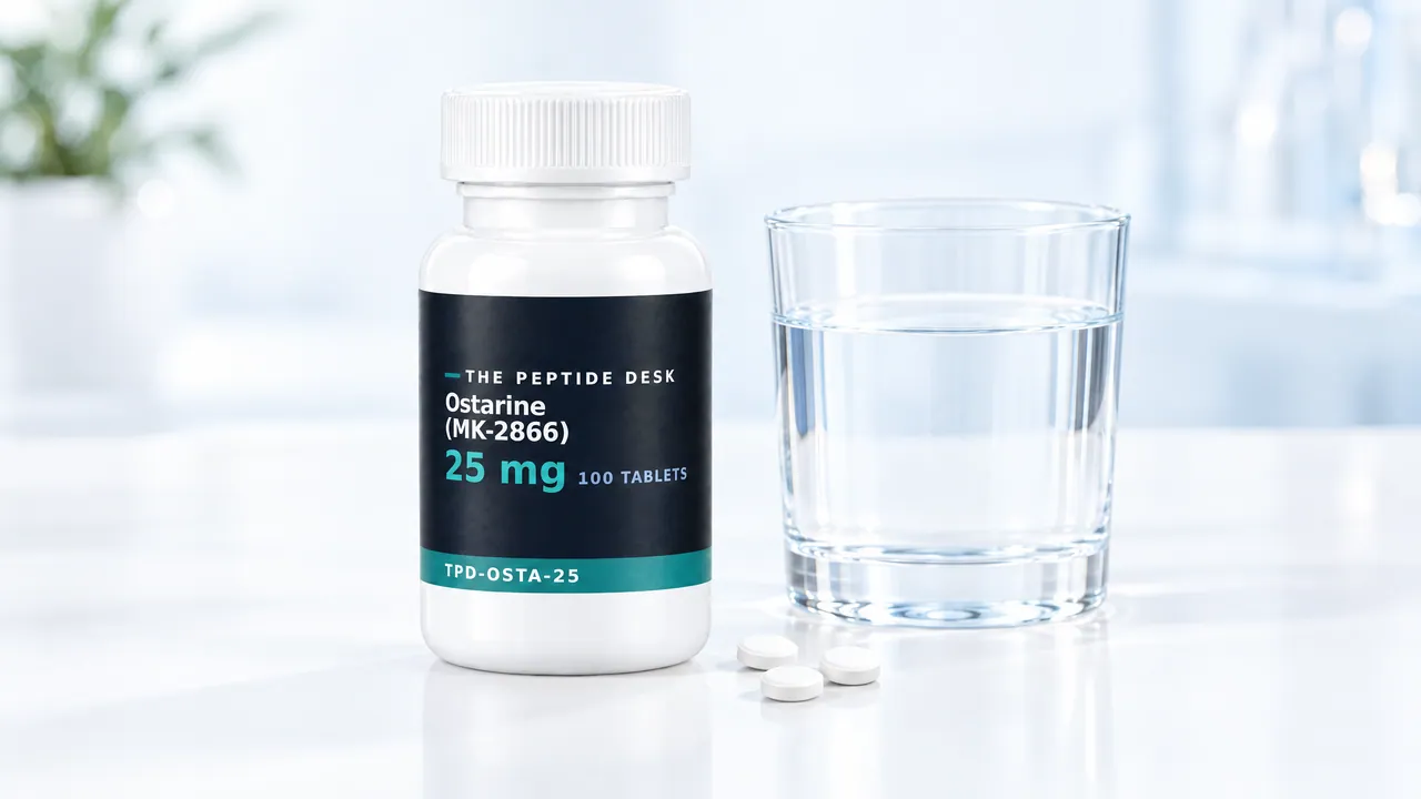 White tablet bottle with a black TPD label for Ostarine (MK-2866), next to it a glass of water and three white tablets
