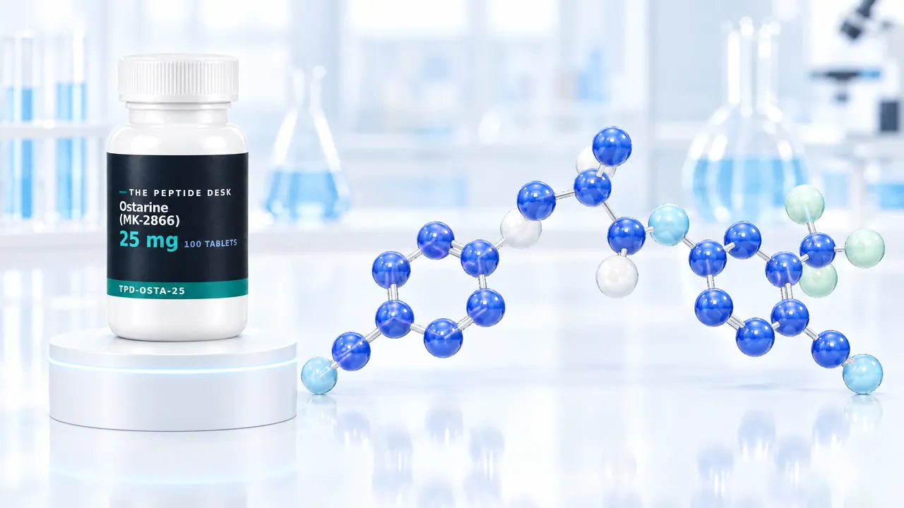 White tablet bottle with a black TPD label for Ostarine (MK-2866) on a white podium, next to it a blue 3D molecule in a bright lab