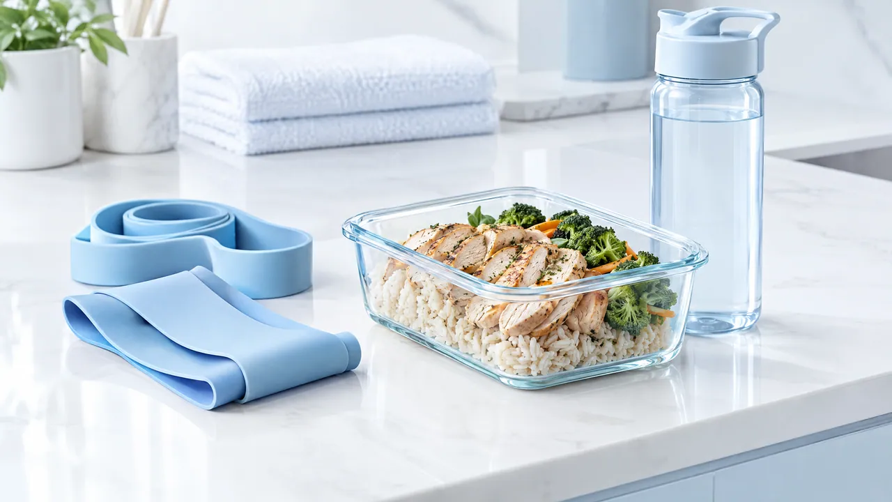 Glass container with chicken, rice and broccoli, next to it a water bottle, two light blue resistance bands and towels on a marble counter