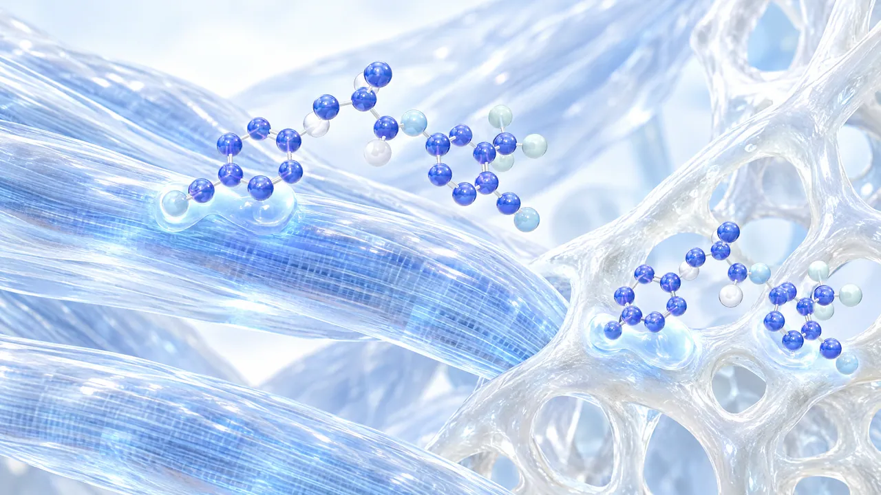 Blue molecules attaching to glass muscle fibres and to a glass honeycomb-like bone structure
