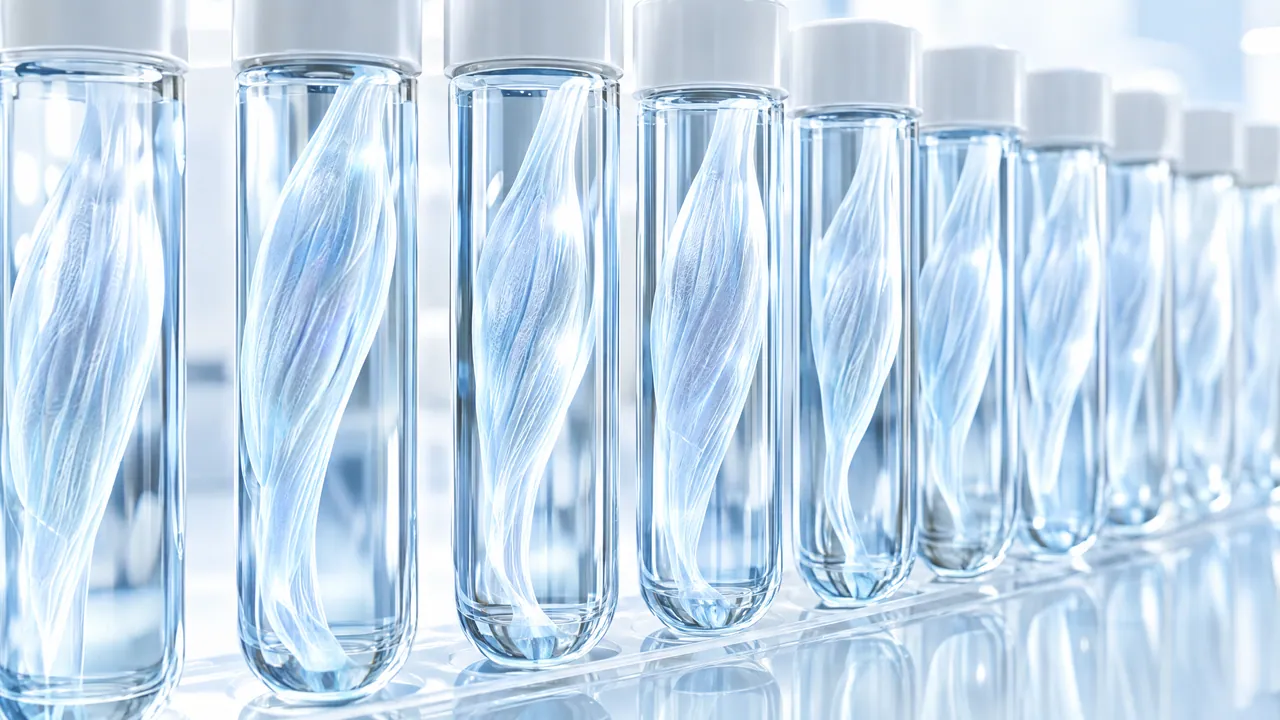 Row of test tubes with white caps, each holding a glass muscle fibre bundle