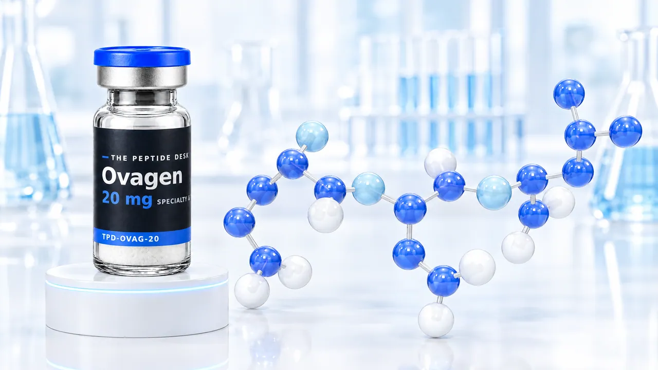 Vial with white powder and a black TPD label reading “Ovagen” on a white podium with a glowing blue rim, next to a short blue and white 3D molecule chain in a bright lab