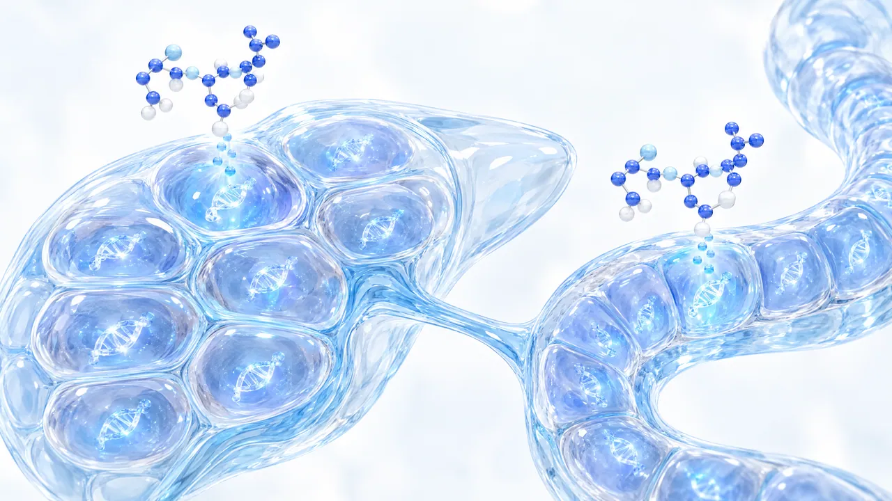 Glass liver lobule and a winding glass intestinal tube with small DNA spirals glowing in their cells, two blue and white molecule chains above them
