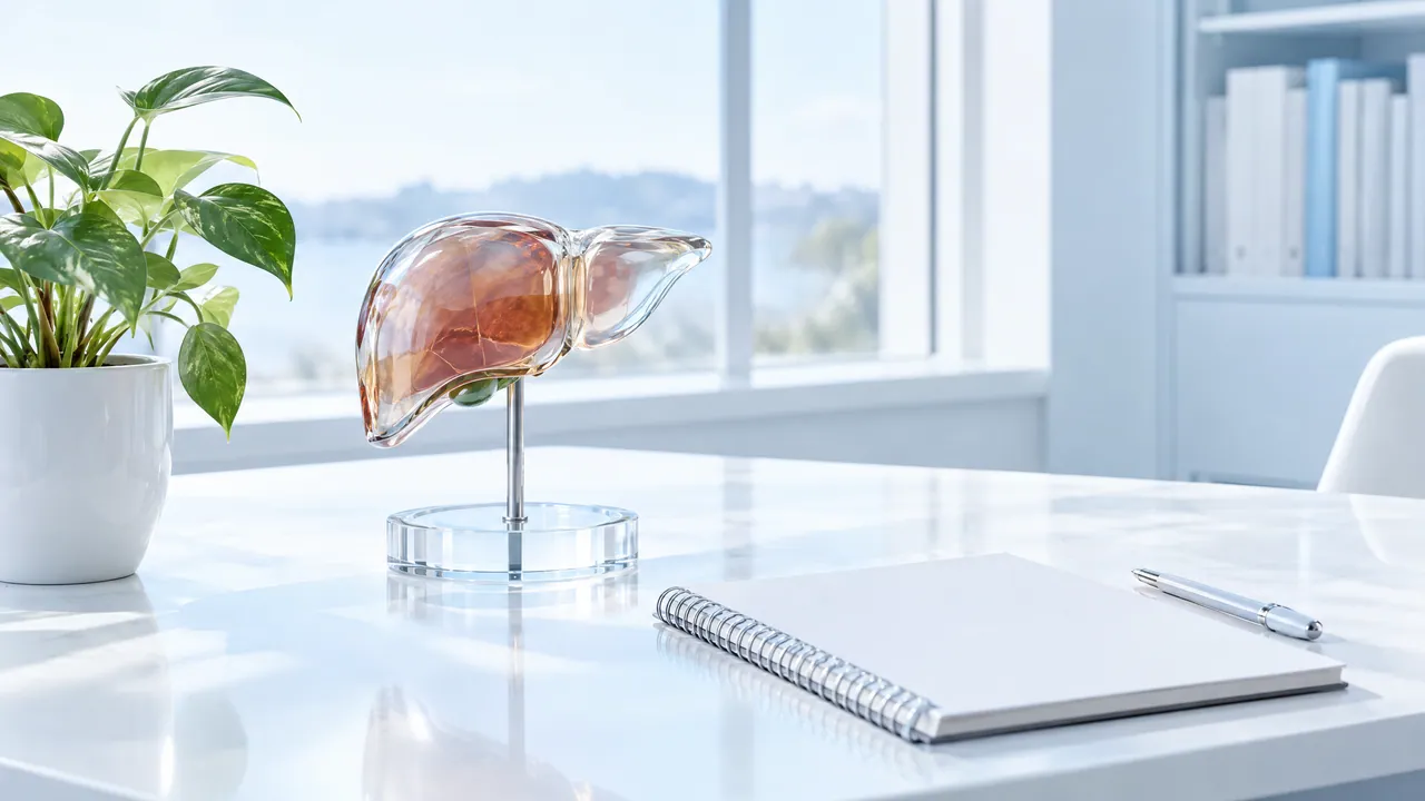 Glass liver model on a stand on a bright desk, next to a potted plant, a notepad and a pen