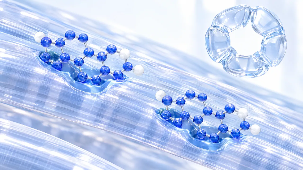 Two blue steroid molecules resting in hollows on glass muscle fibres, a glass ring at the top right